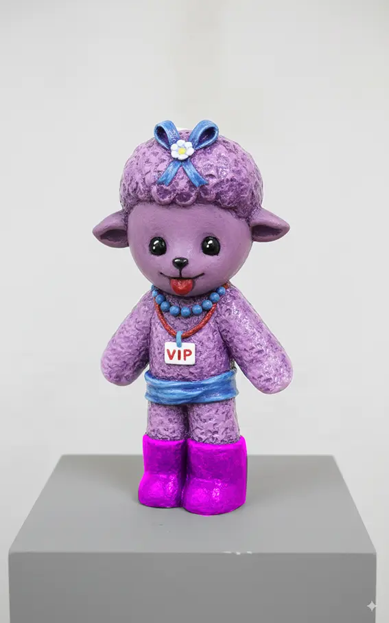Petite poupée d'un mouton rose exposée lors de Metz Art Galerie